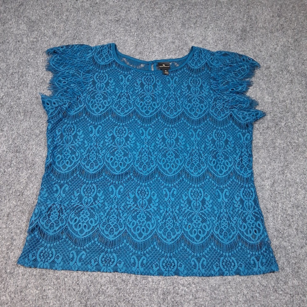 Worthington Women's Lace Teal Blouse Cap Sleeves Size XL